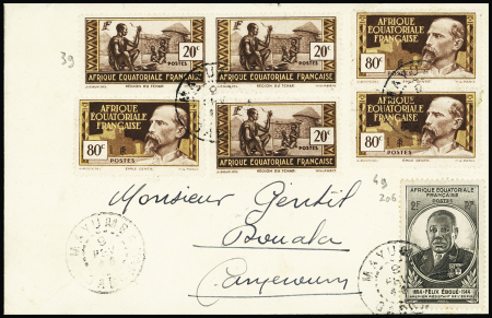 AEF n°39, 4 pièces + n°49, 4 pièces + n°49 OBL Mayumba (1946) sur lettre avec au verso les 2 cachets illustrés "Pédiposte" et "Aviposte". Association rare et TB