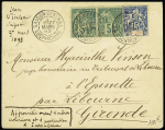 Colonies générales n°49 en paire en mixte avec Indochine n°8 OBL CAD "Saïgon central Cochinchine" (1893) sur lettre. Rare et TB