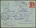 Indochine n°28 OBL Vinh Annam (1909) sur lettre avec cachets bleus "poste rurale province de Nghe-An An-Hau" et "poste rurale province de Nghe-An Oua-Lo". Rare et TB