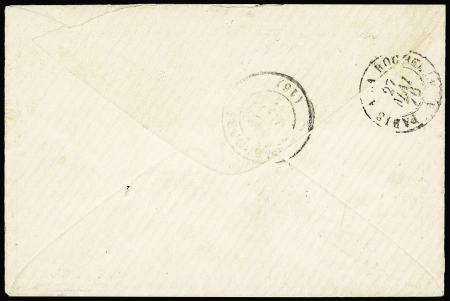 Colonies générales n°31, 5c Sage vert, 5 pièces, OBL losange de points "NSB" + CAD "Mayotte et DEPces Nossi-Be" (1876) sur lettre. TB. Cote 2500€