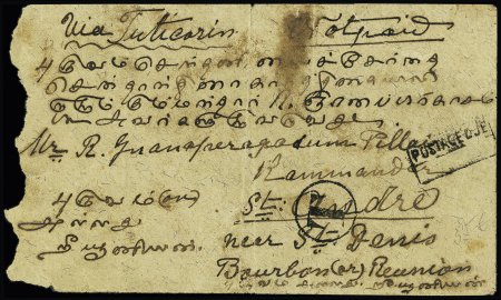 Lettre d'Inde anglaise avec au verso col. Gen. Taxe n°23 OBL CAD "Réunion St André" (1901). TB
