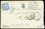 Col. Gen. N°4, 20c bleu, OBL losange de points bleu "SNG" + CAD "Sénégal et DEPces St Louis" + CAD octogonal bleu "Corr. D.armées St Louis" (1869) sur lettre. TB. Cote 600€