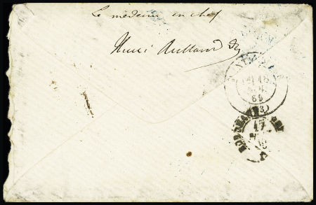 Col. Gen. N°4, 20c bleu, OBL losange de points bleu "SNG" + CAD "Sénégal et DEPces St Louis" + CAD octogonal bleu "Corr. D.armées St Louis" (1869) sur lettre. TB. Cote 600€