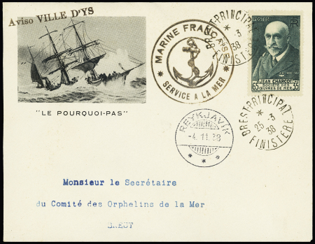 8 env. illustrées AFF n°377 OBL Brest (25.3.38) + griffe "Aviso Ville d'Ys" (commémoration de la disparition du Pourquoi Pas). TB