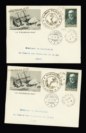 8 env. illustrées AFF n°377 OBL Brest (25.3.38) + griffe "Aviso Ville d'Ys" (commémoration de la disparition du Pourquoi Pas). TB