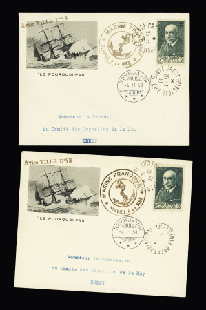 8 env. illustrées AFF n°377 OBL Brest (25.3.38) + griffe "Aviso Ville d'Ys" (commémoration de la disparition du Pourquoi Pas). TB
