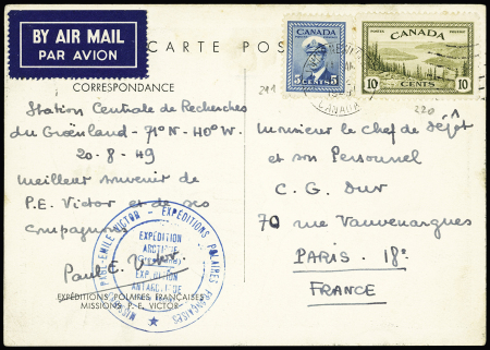 Canada n°211 + 220 OBL Terre Neuve (sept 1949) sur carte postale des EPF (aurore boréale) signée Paul Emile Victor avec cachet bleu des EPF expédition Arctique - Antarctique. RR et TB