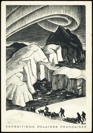 Canada n°211 + 220 OBL Terre Neuve (sept 1949) sur carte postale des EPF (aurore boréale) signée Paul Emile Victor avec cachet bleu des EPF expédition Arctique - Antarctique. RR et TB