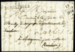 MP "Deb 89 Avignon" + dateur "A" (1830) sur lettre avec MP "71 Bonnetable" pour Arles, ind 16. TB
