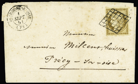 N°1 OBL grille + CAD T15 "Beaumont-s-Oise (72)" (1851) sur lettre. TB. Cote Yvert 775€