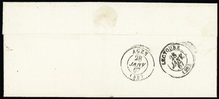 Gers - N°22 OBL GC 2040 + T22 "Ligardes (31)" (1867) sur lettre, ind 17. TB