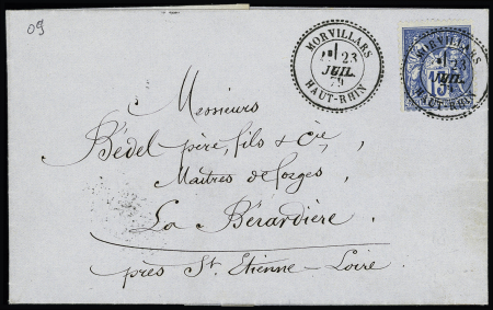 N°90 OBL CAD perlé type 25 "Morvillars Haut-Rhin" (1879) répété à côté sur lettre. TB