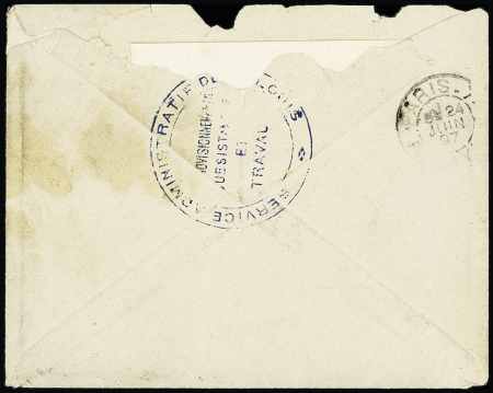 Sénégal n°13 OBL CAD rond "Cce MILre ST Louis Sénégal" (1897) sur lettre avec CAD rond "Corr. D'arm. Lig. J Paq F. n°3" (1897) et cachet bleu "service administratif de St Louis approvisionnement subsistances et tra
