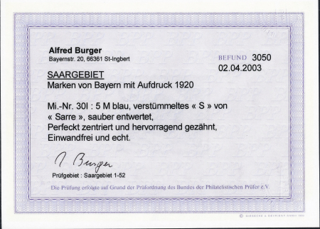 1920 Overprinted Bavaria issues, 5M Blue, with variety