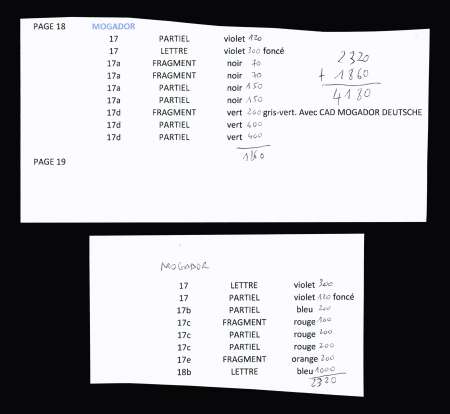 Mogador : 5 fragments, 9 fragments avec adresse partielle,