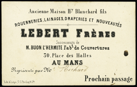 N°19 OBL T15 "La Suze-s-Sarthe" (1867) sur carte "Libert frères, lainages, draperies au Mans". TB