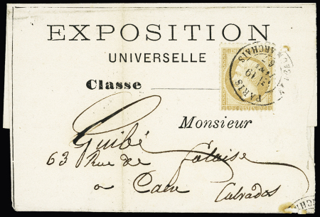 N°21 OBL CAD "Paris Bt Beaumarchais" (1867) sur lettre à en-tête "Exposition Universelle". TB