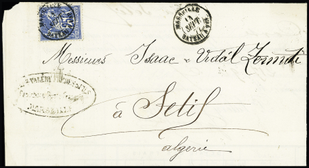 N°79 OBL CAD "Marseille bateau à vap" (1877) sur lettre de la compagnie Valéry de Marseille pour Sétif. TB