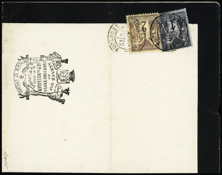 N°83 + 85 OBL Toulouse (1878) sur faire-part de deuil avec marque illustrée "Agence Gle de distribution Adon du Messager Place St Etienne". TB