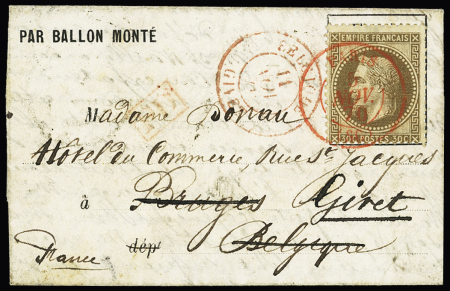 N°30 OBL CAD rouge "Paris (SC)" (5 nov 70) sur ballon monté pour Bruges (Belgique) réexpédiée à Givet avec CAD d'entrée rouge "Belgique Givet" (11 nov). RR et TB