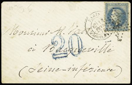 N°29 OBL étoile 28 + CAD "Paris R. Cardinal-Lemoine" (14 fev 71) sur lettre pour Bacqueville (Seine Inf) avec taxe allemande 20 double-trait en bleu. TB