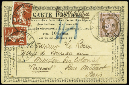 N°54 + 138, 2 pièces, OBL CAD pneu "Vincennes Seine" (1912) sur CP précurseur. Etonnante utilisation tardive comme pneumatique. TB