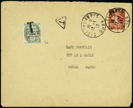 N°138 OBL CAD "Sidi-Bel-Abbes Oran" (12.1.17) sur lettre pour Ouijda Maroc avec Maroc n°40 annulé "T" utilisé comme timbre-taxe de fortune lors du changement de tafif du 1.1.1917. TB