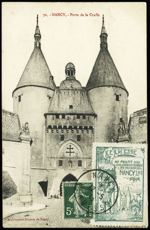 N°137 OBL CAD "Nancy kermesse" (1913) sur carte postale avec vignette verte de la kermesse. Rare et TB