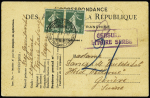 N°137 en paire OBL CAD ministériel serbe (1917) sur carte postale FM française pour la Suisse avec griffe violette encadreé "Censure militaire serbe". TB