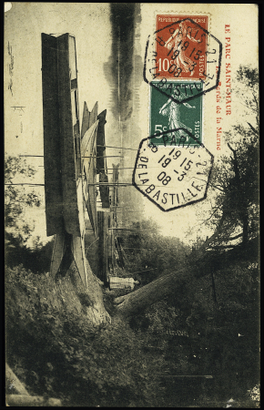 N°137 + 138 OBL CAD hexagonal de levée exceptionnelle "Paris 21 R. de la Bastille" (1908) sur carte postale. Jolie pièce