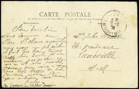 N°137 + 138 OBL CAD hexagonal de levée exceptionnelle "Paris 21 R. de la Bastille" (1908) sur carte postale. Jolie pièce