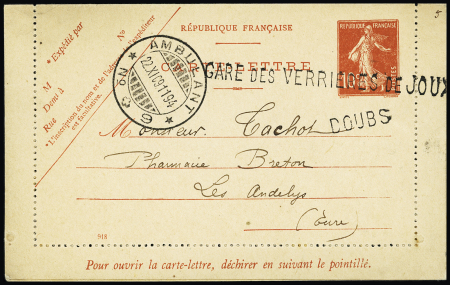 Entier carte-lettre 10c Semeuse rouge OBL grande griffe "Gare des Verrières de Joux" + "Doubs" + CAD suisse "Ambulant n°9" (1909). TB