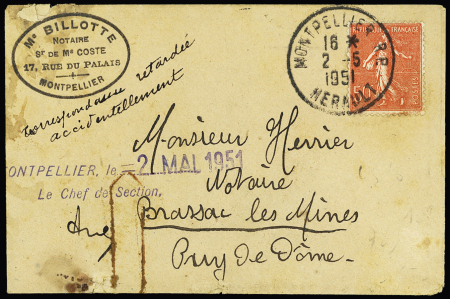 N°199 OBL Montpellier RP (1951) sur lettre avec griffe "Correspondance retardée accidentellement" (lettre du 29 dec 1928 récupérée en 1951!). RR et TB