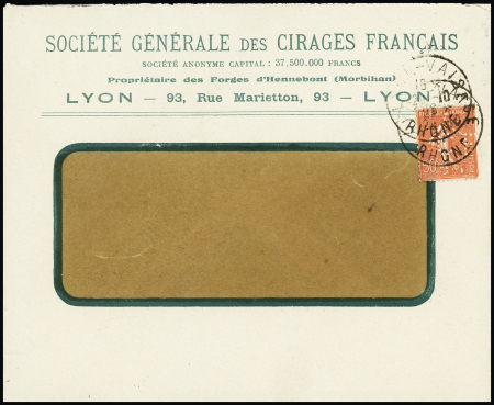 N°199 perforé "CF" OBL Lyon (1927) sur env. à fenêtre à en-tête "Société générale des cirages français". TB