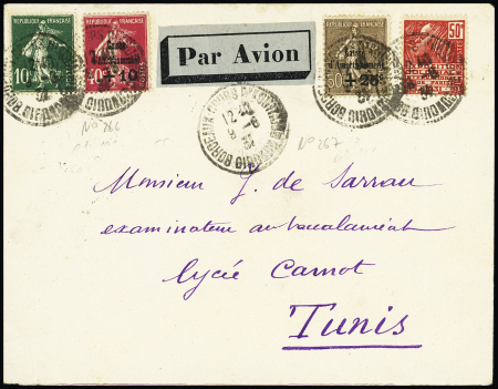 Caisse d'amortissement. N°266 + 267 + 159 + 272 OBL Bordeaux (1931) sur lettre par avion pour Tunis. TB