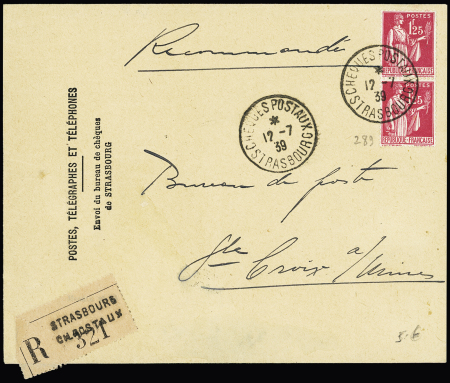 N°289 en paire OBL CAD "Chèques postaux Strasbourg" (1939) sur env. recommandée des PTT. TB