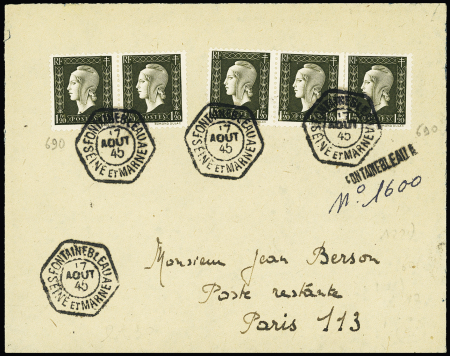 N°690, paire + bande de 3 OBL hexagonale à cercle intérieur "Fontainebleau A Seine et Marne" (1945) sur lettre avec griffe de recommandation provisoire. TB