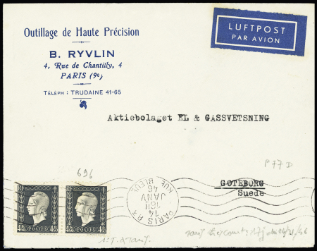 N°696 en paire OBL Paris 83 (1946) sur lettre par avion pour la Suède (tarif très court entre le 14 et le 31.1.1946). TB