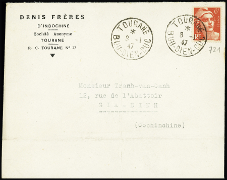 N°721 OBL CAD Vietminh "Tourane Buu Dien Cuc" (8.1.47) sur lettre. TB
