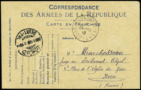 CPFM avec CAD "tresor et postes 601B" (dec 1918 Palestine) pour Nice avec CAD de transit Deurt-Yol (Cilicie). RR et TB