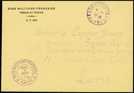 Devant de LF à en-tête "Base militaire française tresor et postes SP 603" + cachet violet "Base militaire française - Tarente - tresor et postes SP 603" + CAD "Tresor et postes 603" (1918). TB