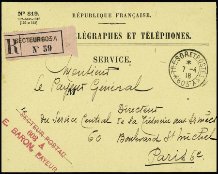 Devant de LF recommandée PTT avec CAD "tresor et postes 603A" (1918 - Livourne) + griffe rouge "secteur postal 603A E.Baron payeur". TB
