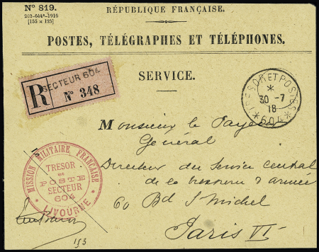 Devant de LF recommandée PTT avec CAD "tresor et postes 604" (&ç&_) + cachet rouge "Mission militaire française - Livourne - tresor et poste secteur 604". TB