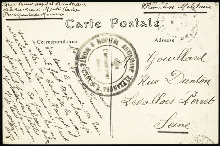 CP en franchise avec cachet noir "Hopital auxiliaire