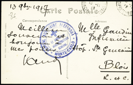 CP en franchise avec cachet bleu "Hopital auxiliaire Alexandra Monte-Carlo le directeur administrateur general" (1917). TBCP en franchise avec cachet bleu "Hopital auxiliaire Alexandra Monte-Carlo le directeur administra
