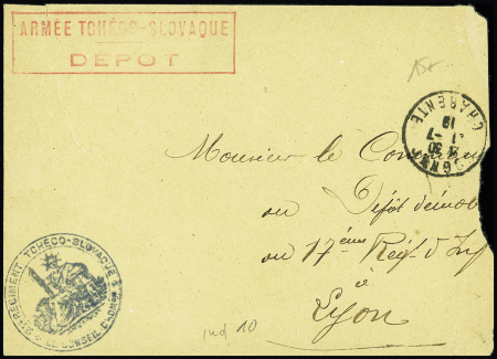 Lettre en franchise (déchirure peu visible) de Cognac (1918) avec cachet rect rouge "Armée tchéco-slovaque dépôt" + cachet bleu avec déesse assise "21e Régiment tchéco-slovaque - le conseil d'admon". Frappes TBLe
