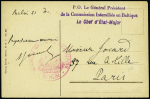 Carte postale en franchise de Berlin (vers dec 1920) avec griffe violette "PO le Général Président de la Commission interalliée en Baltique - le chef d'état-major". TB