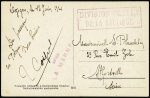 Carte postale en franchise de Pologne avec cachet rect lilas "Division navale de la Baltique" + griffe lilas "Aviso La Marne" (1921). TB