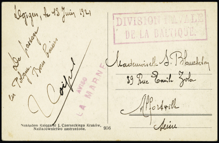 Carte postale en franchise de Pologne avec cachet rect lilas "Division navale de la Baltique" + griffe lilas "Aviso La Marne" (1921). TB