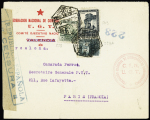 Espagne n°509 + 557 + 558 OBL Barcelona (1938) sur lettre censurée avec en tête rouge "Federacion nacional de communicaciones UGT comité ejecutivo nacional". TB